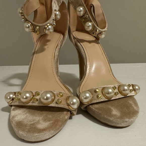 Jacobies Pearl embellished taupe nude suede ankle strap sandals open toe heels 9 - Picture 9 of 11
